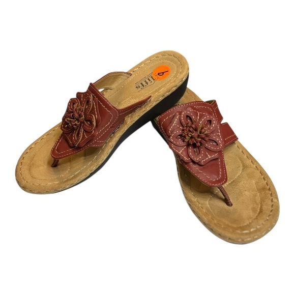 New Cliffs White Mountain Brown Leather Wedge Sandals Size 9 Flower Thong Sandal - Picture 12 of 13